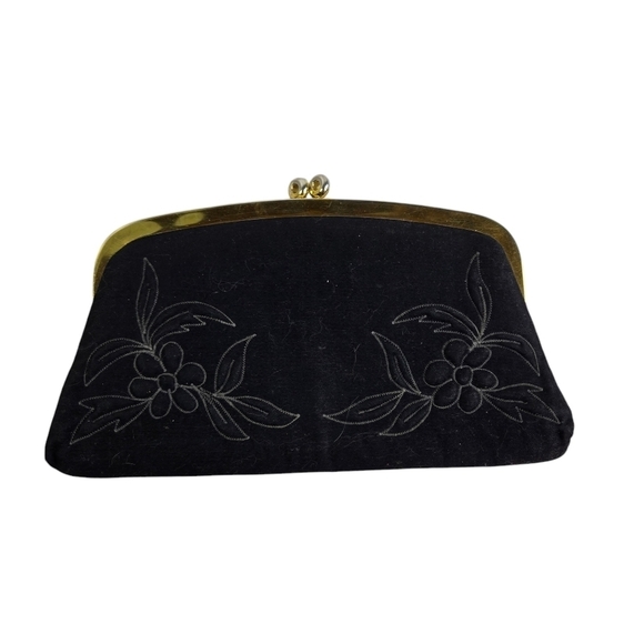 Vtg 50s black fabric wool stitched embroidered clutch purse - Picture 1 of 10